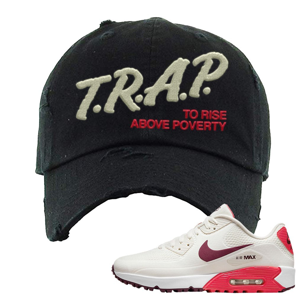 Fusion Red Dark Beetroot Golf 90s Distressed Dad Hat | Trap To Rise Above Poverty, Black