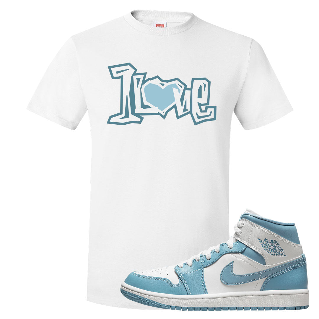 University Blue Mid 1s T Shirt | 1 Love, White