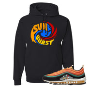 Printed on the front of the Air Max 97 Sunburst black sneaker matching pullover hoodie is the sunburst hurricane logo