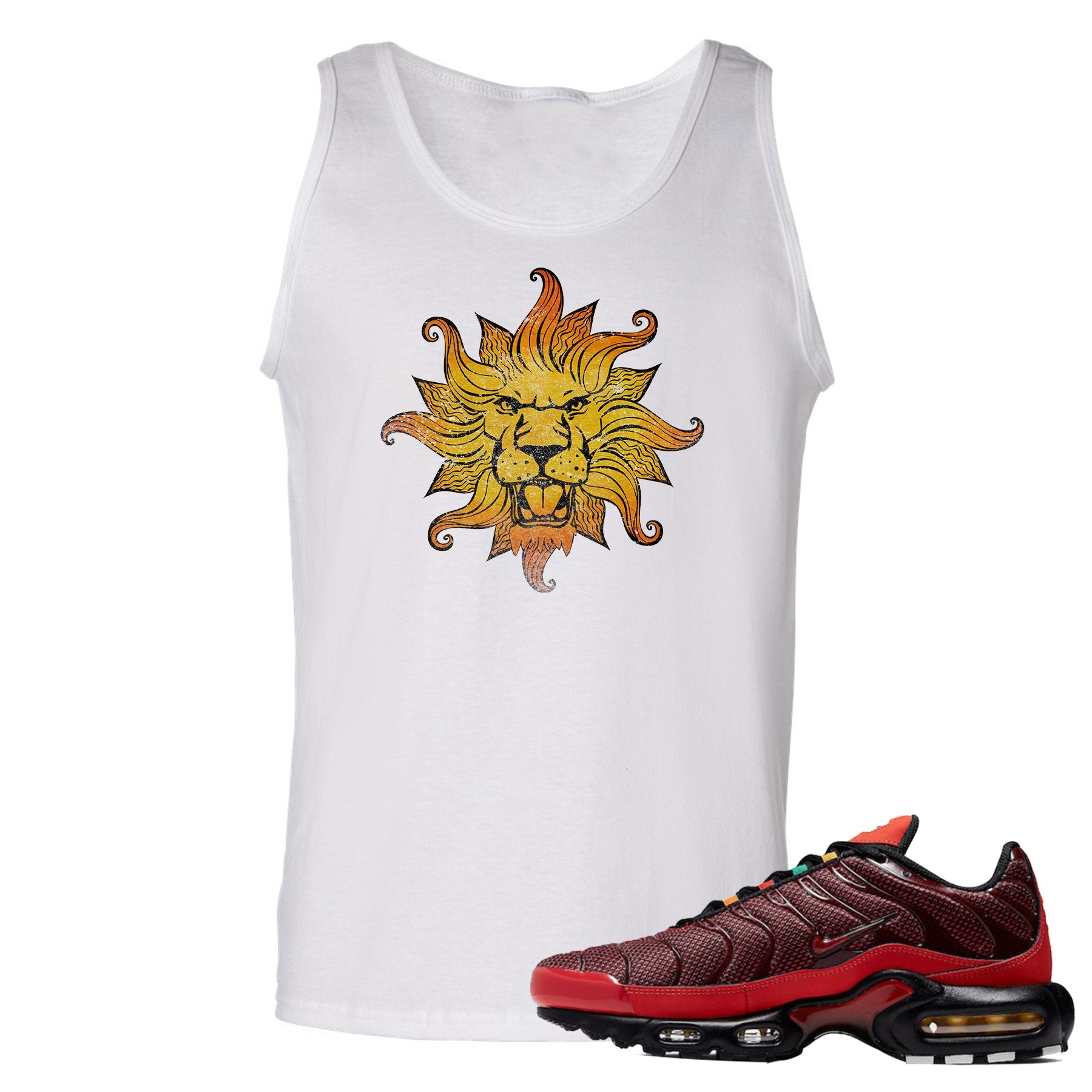 printed on the front of the air max plus sunburst sneaker matching white tank top is the vintage lion head logo