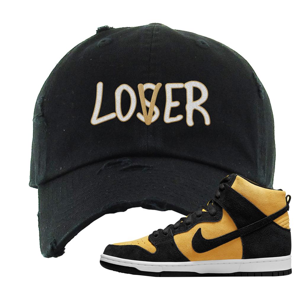 Reverse Goldenrod High Dunks Distressed Dad Hat | Lover, Black