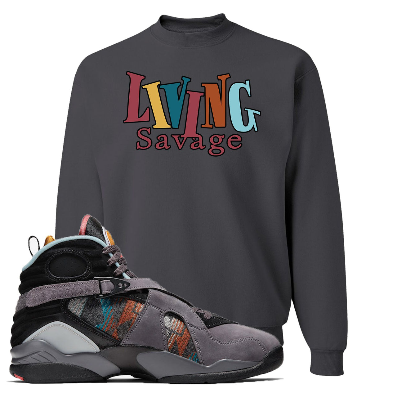 Jordan 8 N7 Pendleton In Living Color Charcoal Gray Sneaker Hook Up Crewneck Sweatshirt