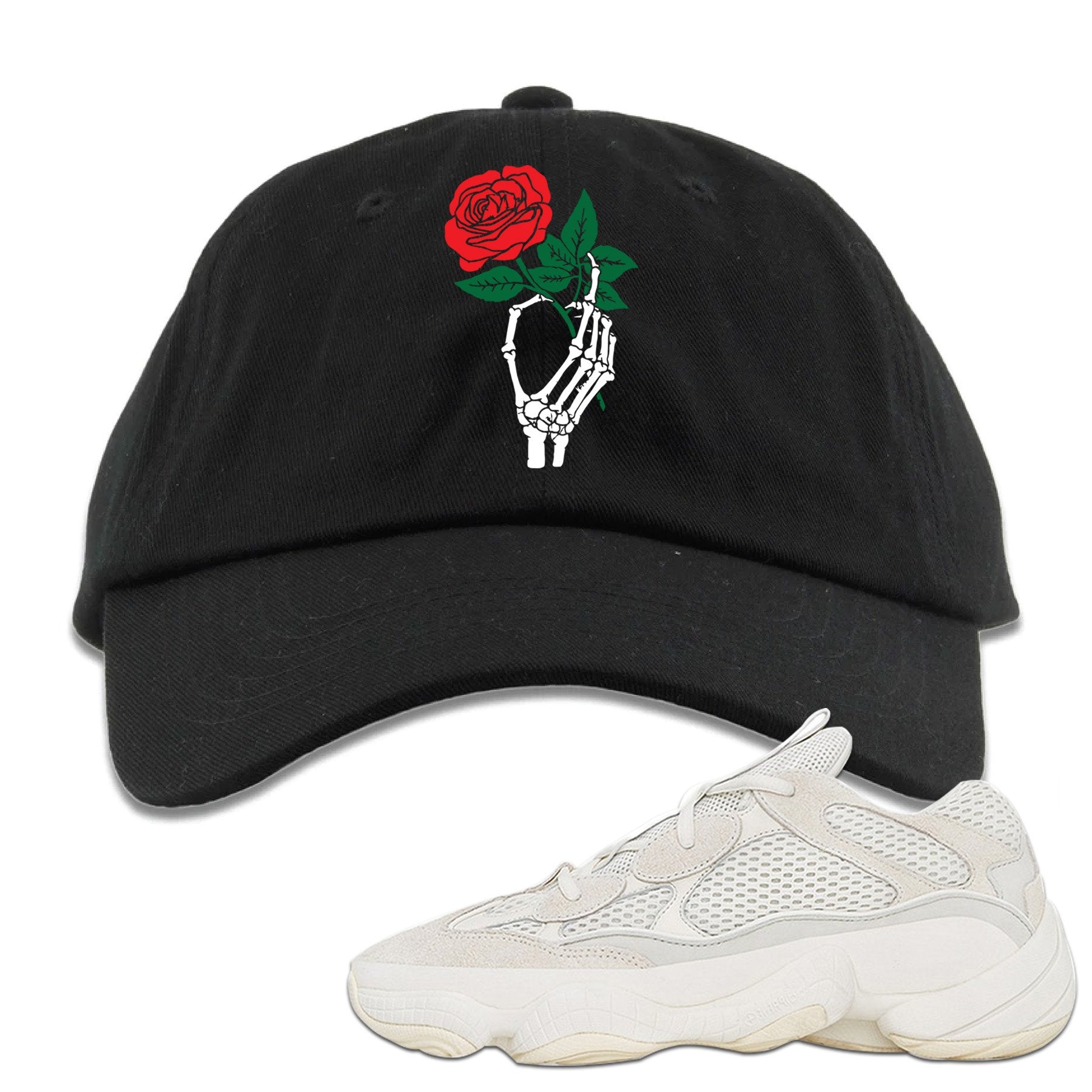 Bone White 500s Dad Hat | Skeleton Hand Rose, Black