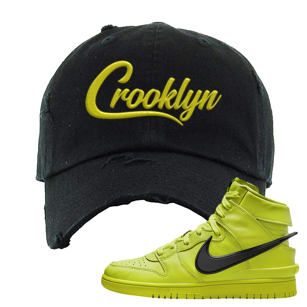 Atomic Green High Dunks Distressed Dad Hat | Crooklyn, Black