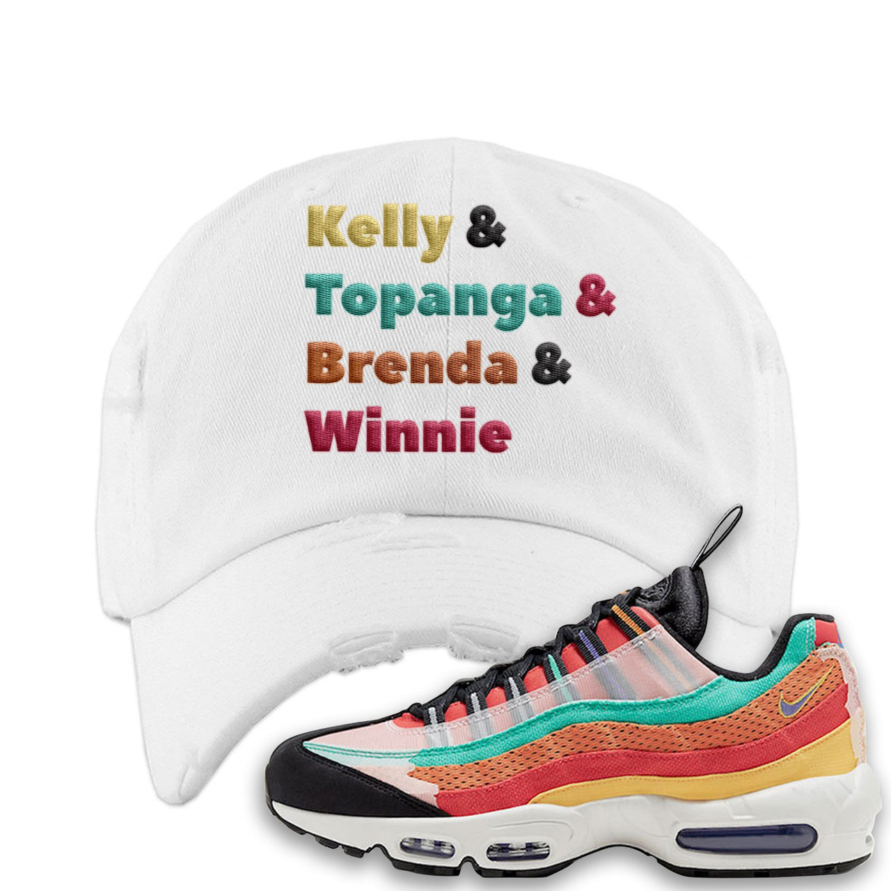 Air Max 95 Black History Month Sneaker White Distressed Dad Hat | Hat to match Air Max 95 Black History Month Shoes | Kelly And Gang