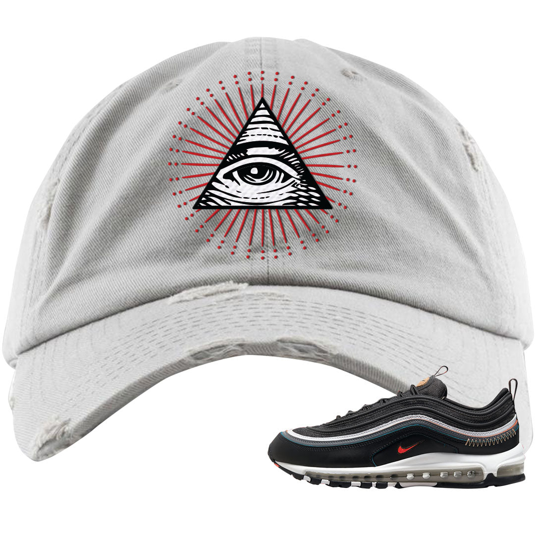 Alter and Reveal 97s Distressed Dad Hat | All Seeing Eye, Light Gray