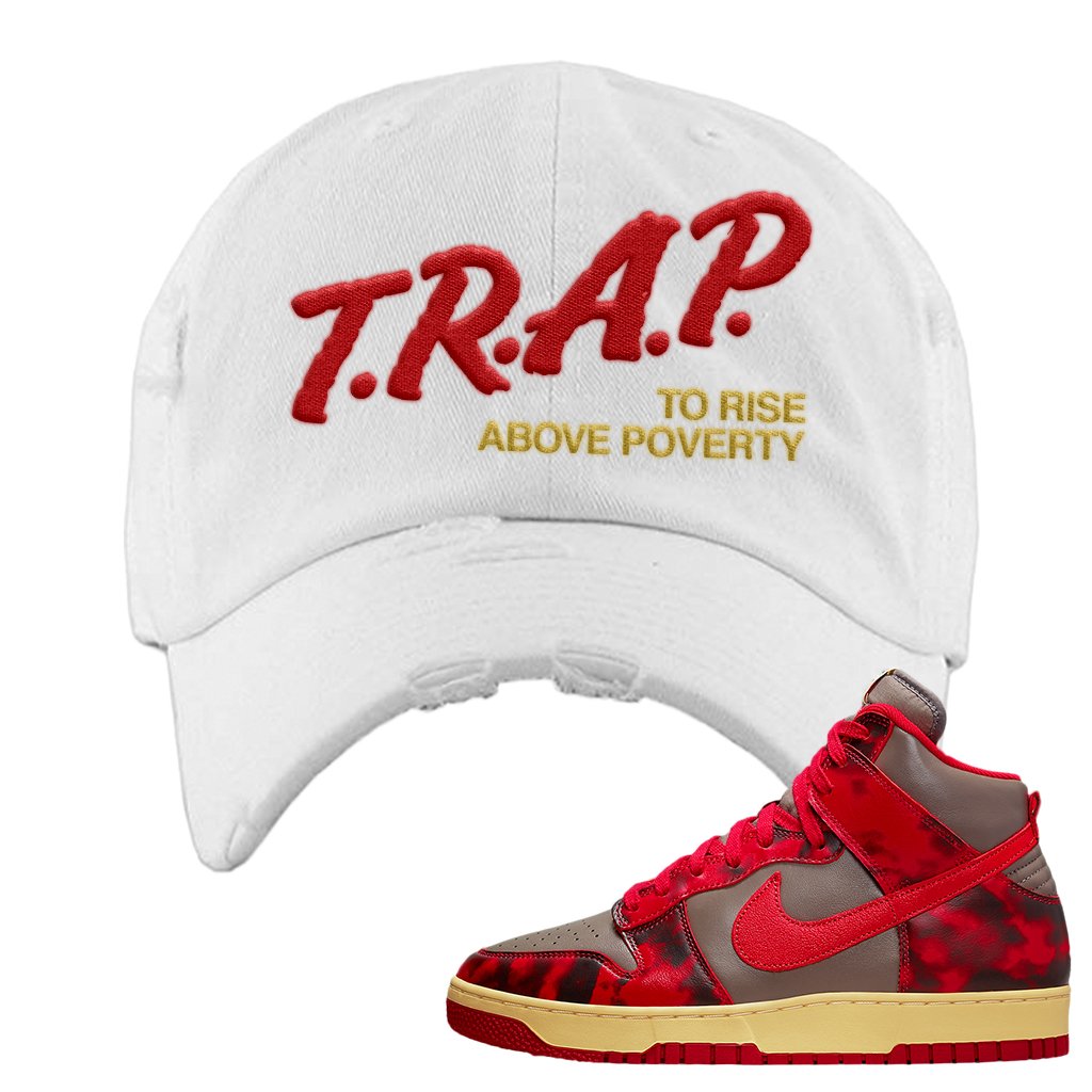 Acid Wash Red 1985 High Dunks Distressed Dad Hat | Trap To Rise Above Poverty, White