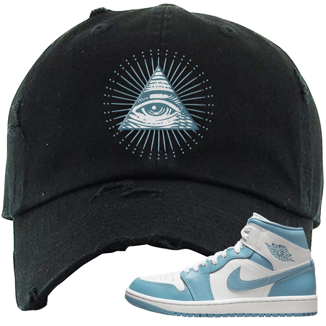 University Blue Mid 1s Distressed Dad Hat | All Seeing Eye, Black