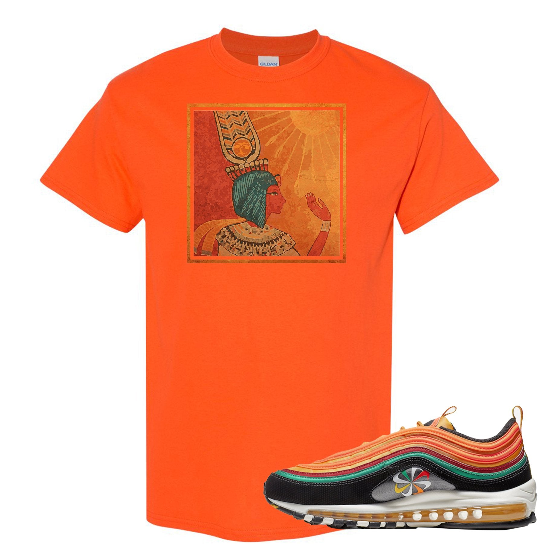 Printed on the front of the Air Max 97 Sunburst Safety Orange sneaker matching t-shirt is the vintage egyptian logo