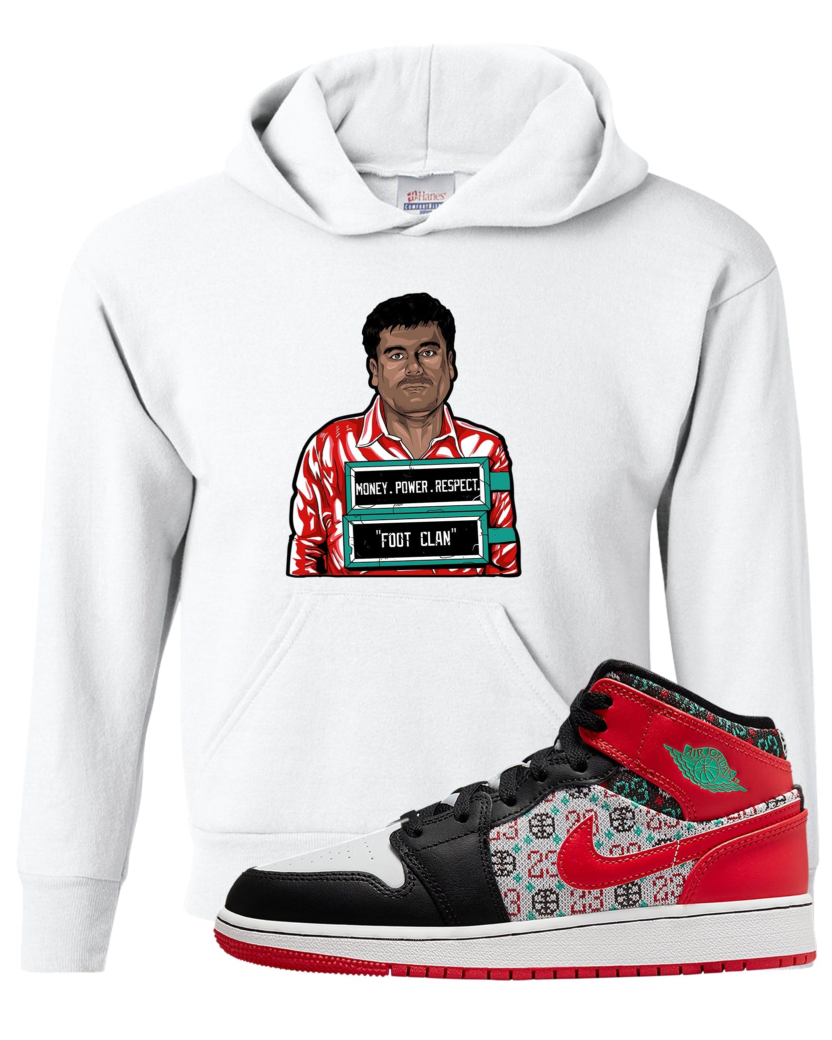 Ugly Sweater GS Mid 1s Kid's Hoodie | El Chapo Illustration, White