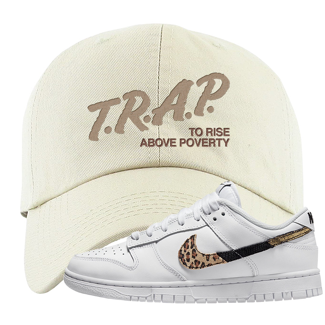 Primal White Leopard Low Dunks Dad Hat | Trap To Rise Above Poverty, White