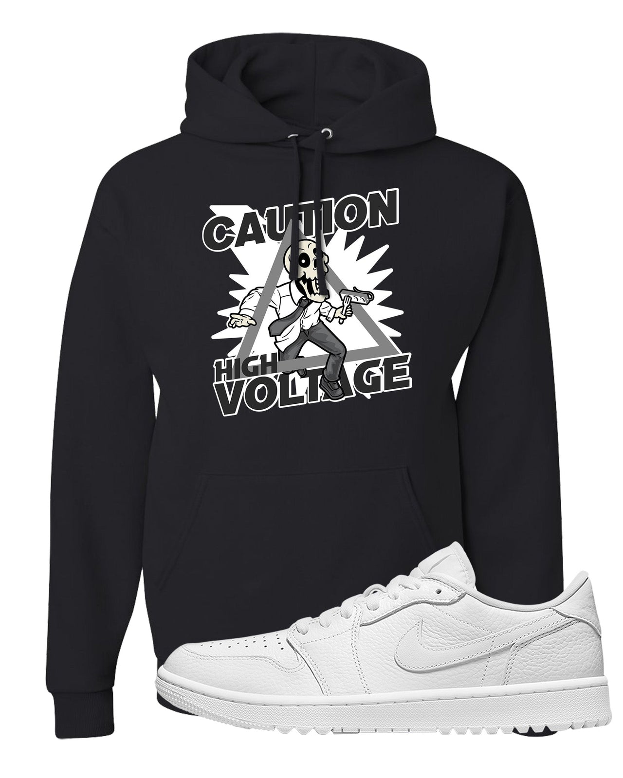 Triple White Golf Low 1s Hoodie | Caution High Voltage, Black