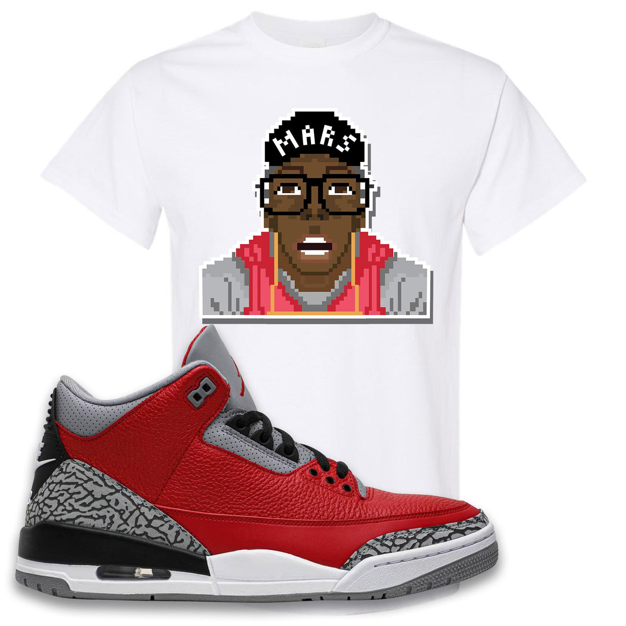 Jordan 3 Red Cement Chicago All-Star Sneaker White T Shirt | Tees to match Jordan 3 All Star Red Cement Shoes | Mars Pixel