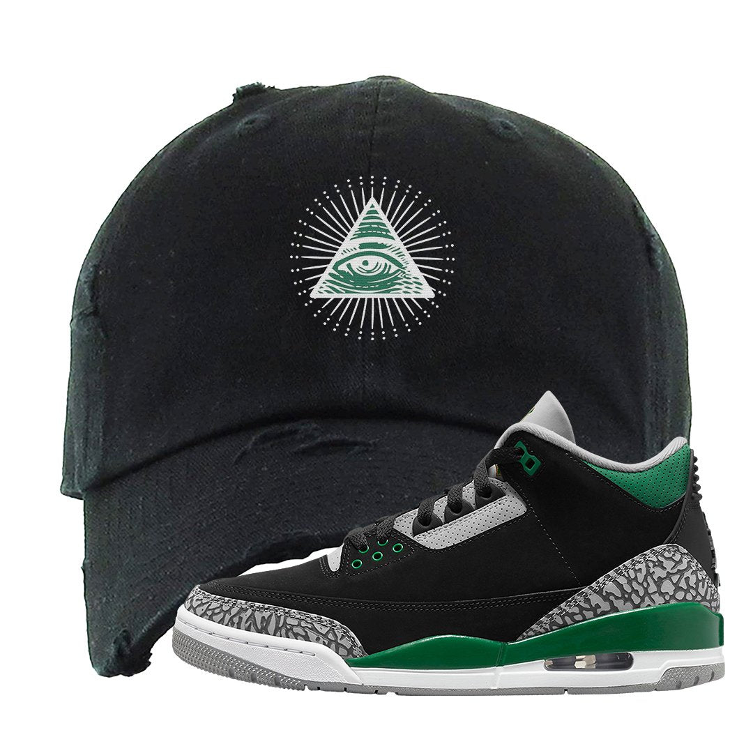 Pine Green 3s Distressed Dad Hat | All Seeing Eye, Black