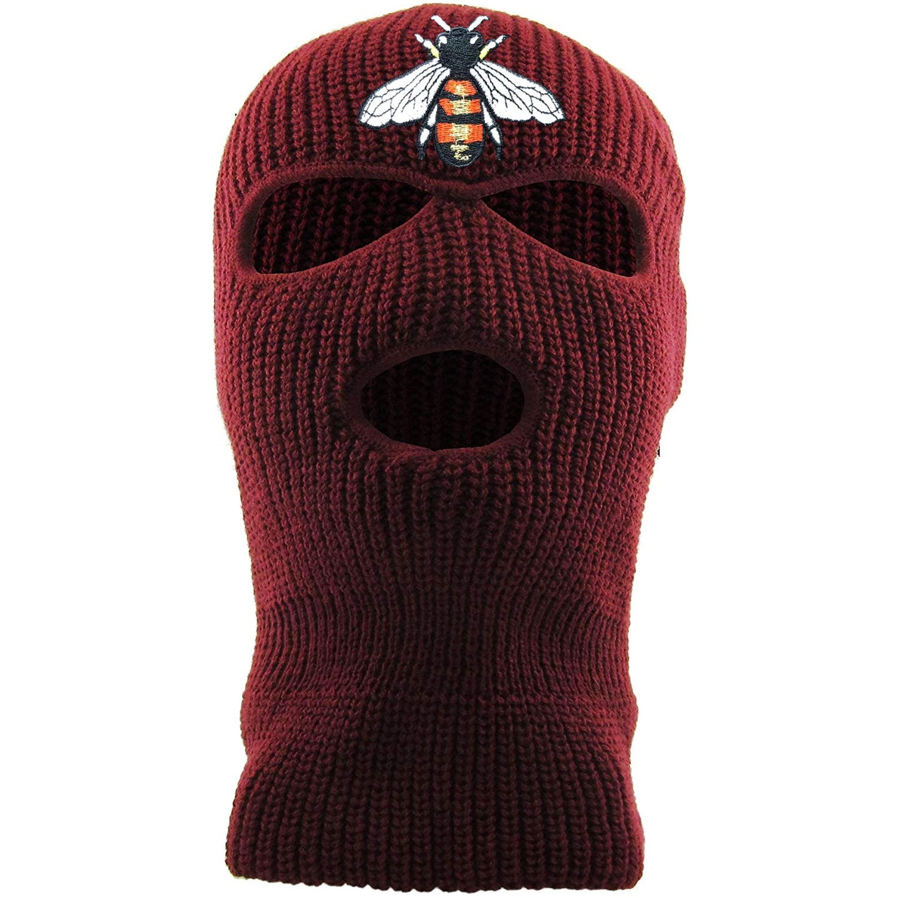 Embroidered on the front of the bumblebee maroon ski mask is the bumble bee logo embroidered in red, white, black, and gold