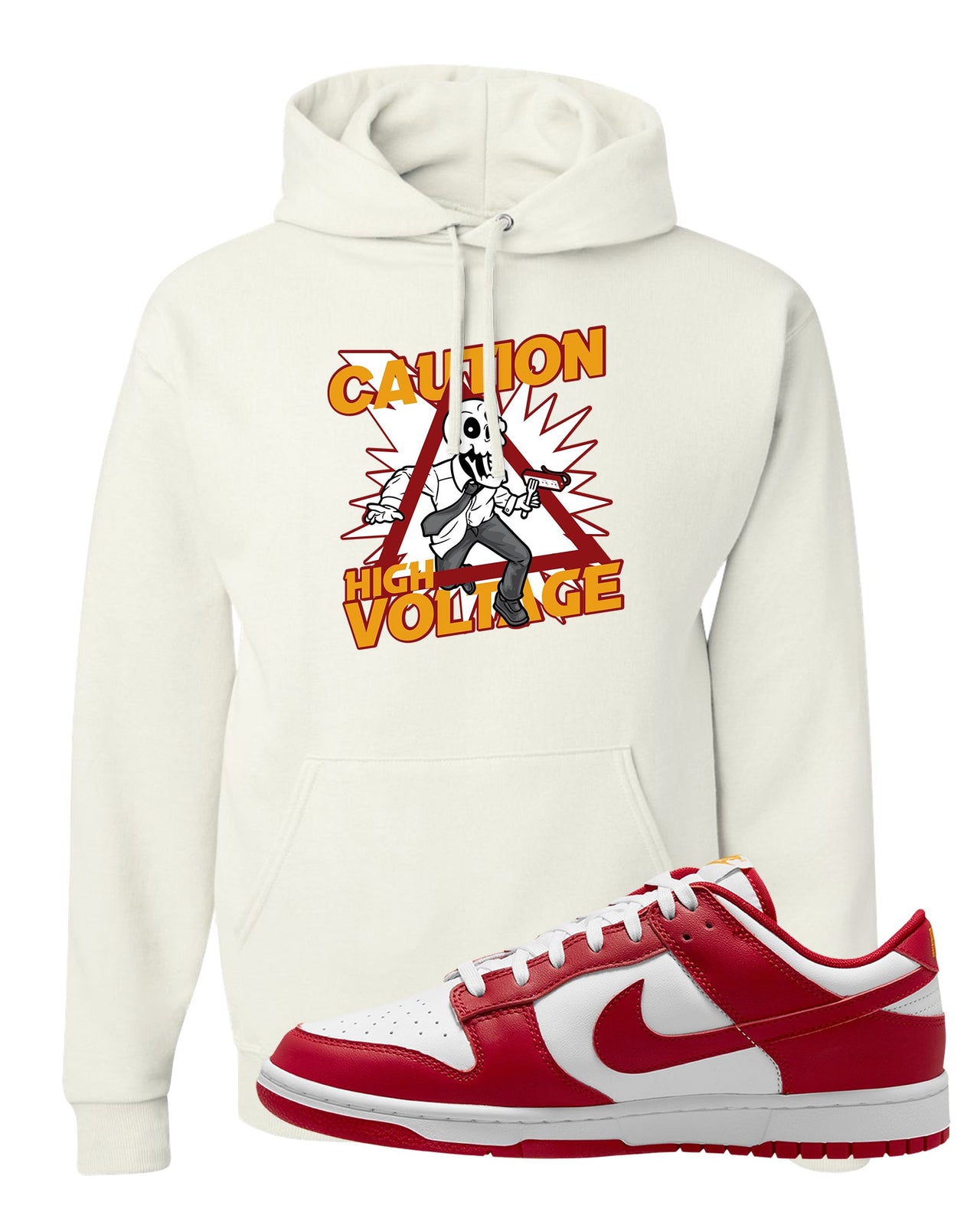 Red White Yellow Low Dunks Hoodie | Caution High Voltage, White