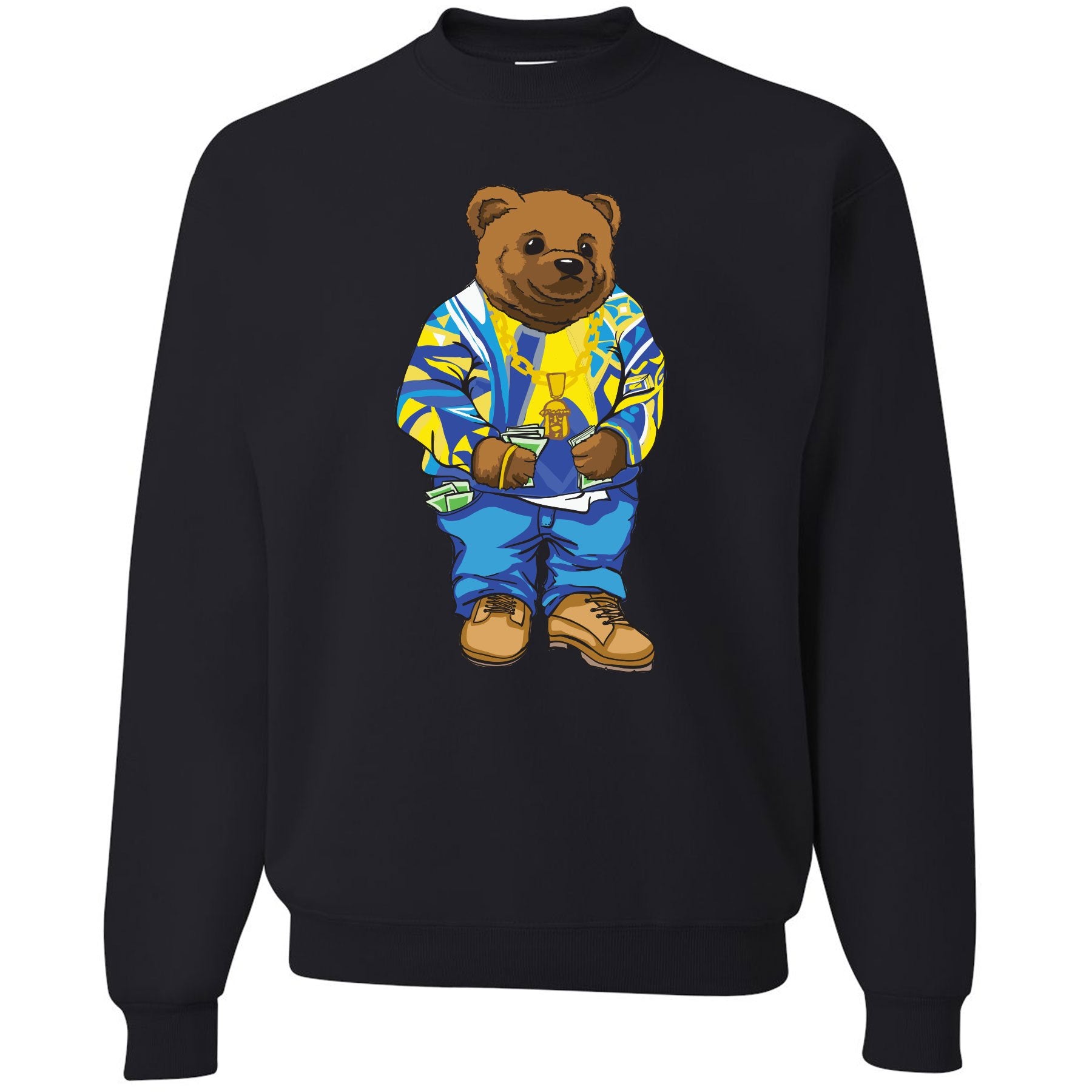 Printed on the front of the Air Jordan 5 Alternate Laney sneaker matching black crewneck is the Sweater Bear wearing a coogi sweater that matches the Air Jordan 5 Laney sneakers