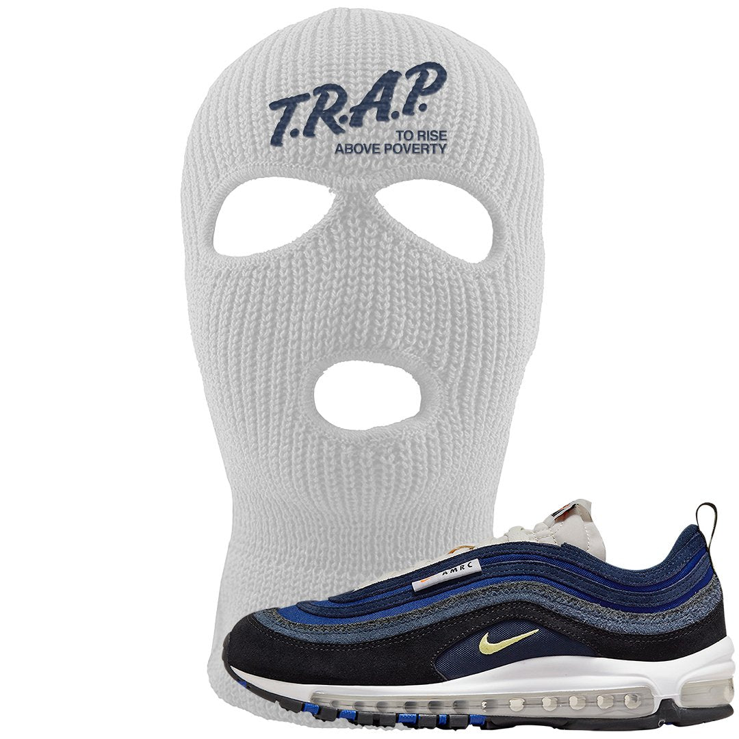 Navy Suede AMRC 97s Ski Mask | Trap To Rise Above Poverty, White