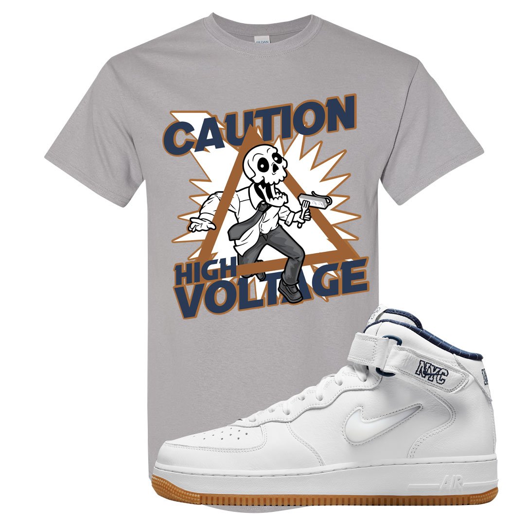 White NYC Mid AF1s T Shirt | Caution High Voltage, Gravel
