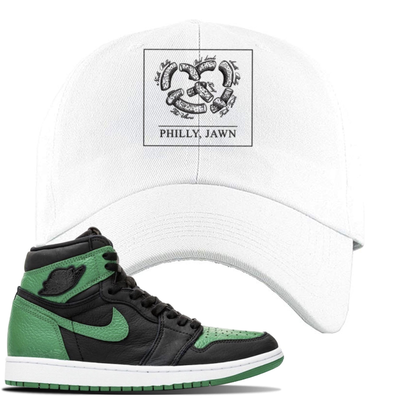 Jordan 1 Retro High OG Pine Green Gym Sneaker White Dad Hat | Hat to match Air Jordan 1 Retro High OG Pine Green Gym Shoes | Philly Pretzel