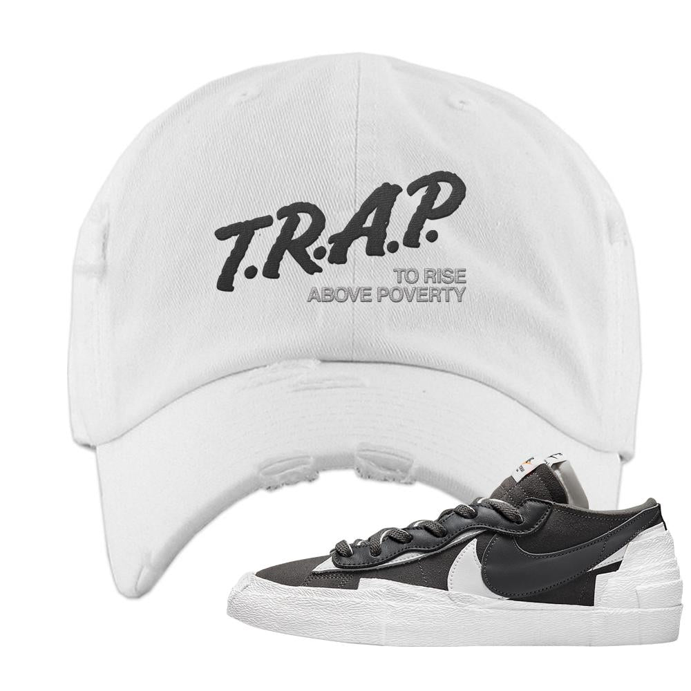 Iron Grey Low Blazers Distressed Dad Hat | Trap To Rise Above Poverty, White
