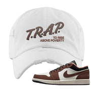 Mocha Low 1s Distressed Dad Hat | Trap To Rise Above Poverty, White