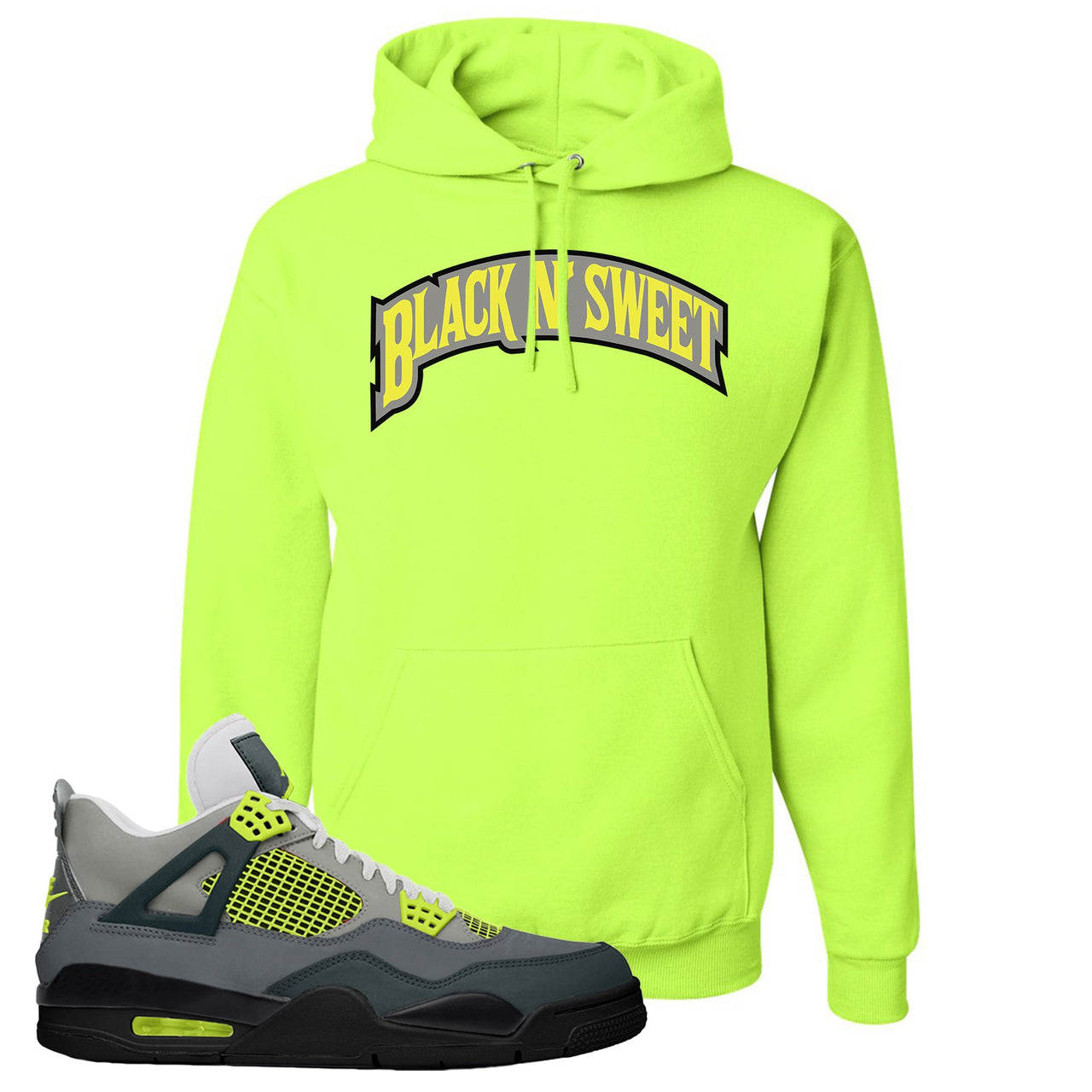 Jordan 4 Neon Sneaker Safety Green Pullover Hoodie | Hoodie to match Nike Air Jordan 4 Neon Shoes | Black N Sweet Arch