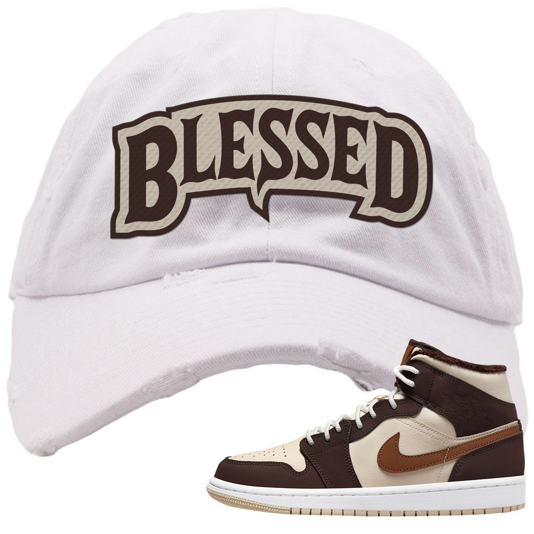 Brown Fleece Mid 1s Distressed Dad Hat | Blessed Arch, White