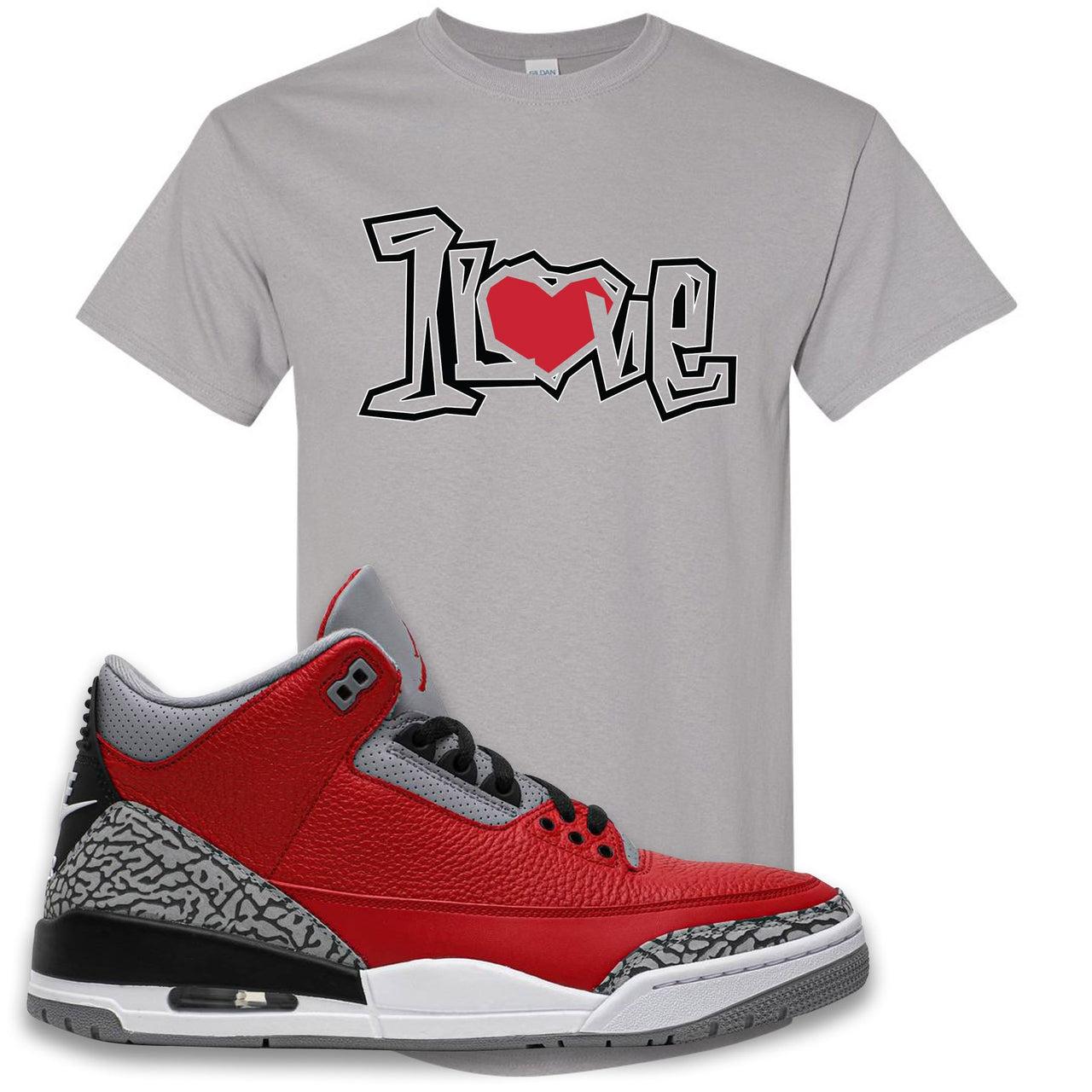 Jordan 3 Red Cement Chicago All-Star Sneaker Gravel T Shirt | Tees to match Jordan 3 All Star Red Cement Shoes | 1 Love