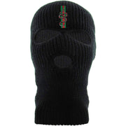 Embroidered on the front of the black Italian snake ski mask is the snake on stripes logo embroidered in red and green