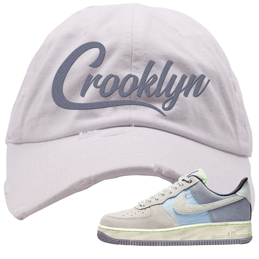 Womens Mountain White Blue AF 1s Distressed Dad Hat | Crooklyn, White