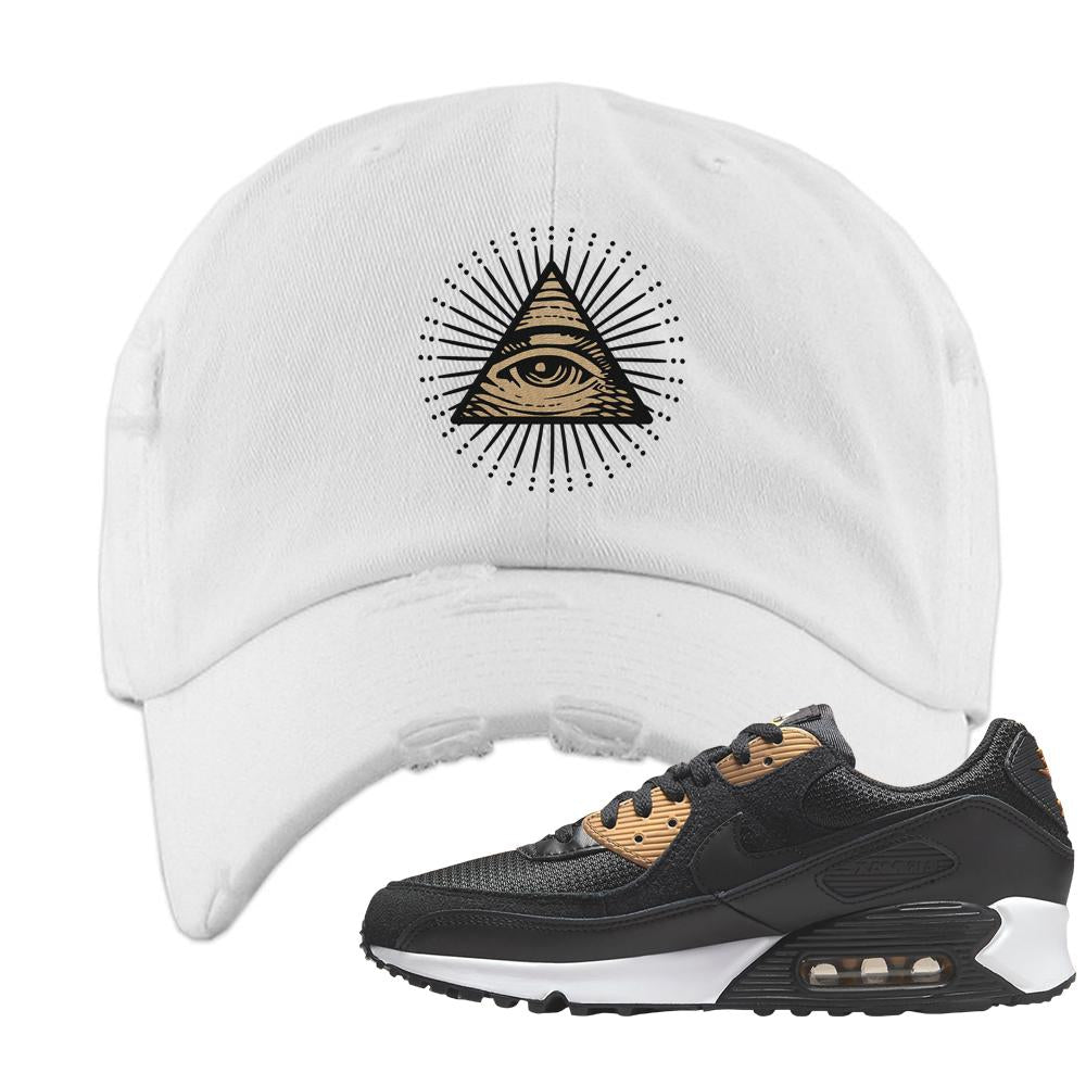 Air Max 90 Black Old Gold Distressed Dad Hat | All Seeing Eye, White