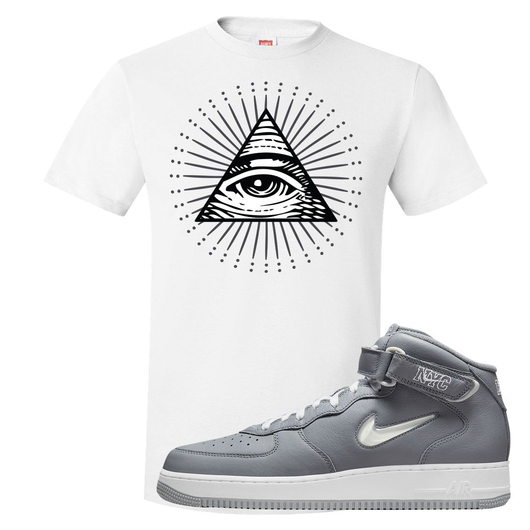 Cool Grey NYC Mid AF1s T Shirt | All Seeing Eye, White