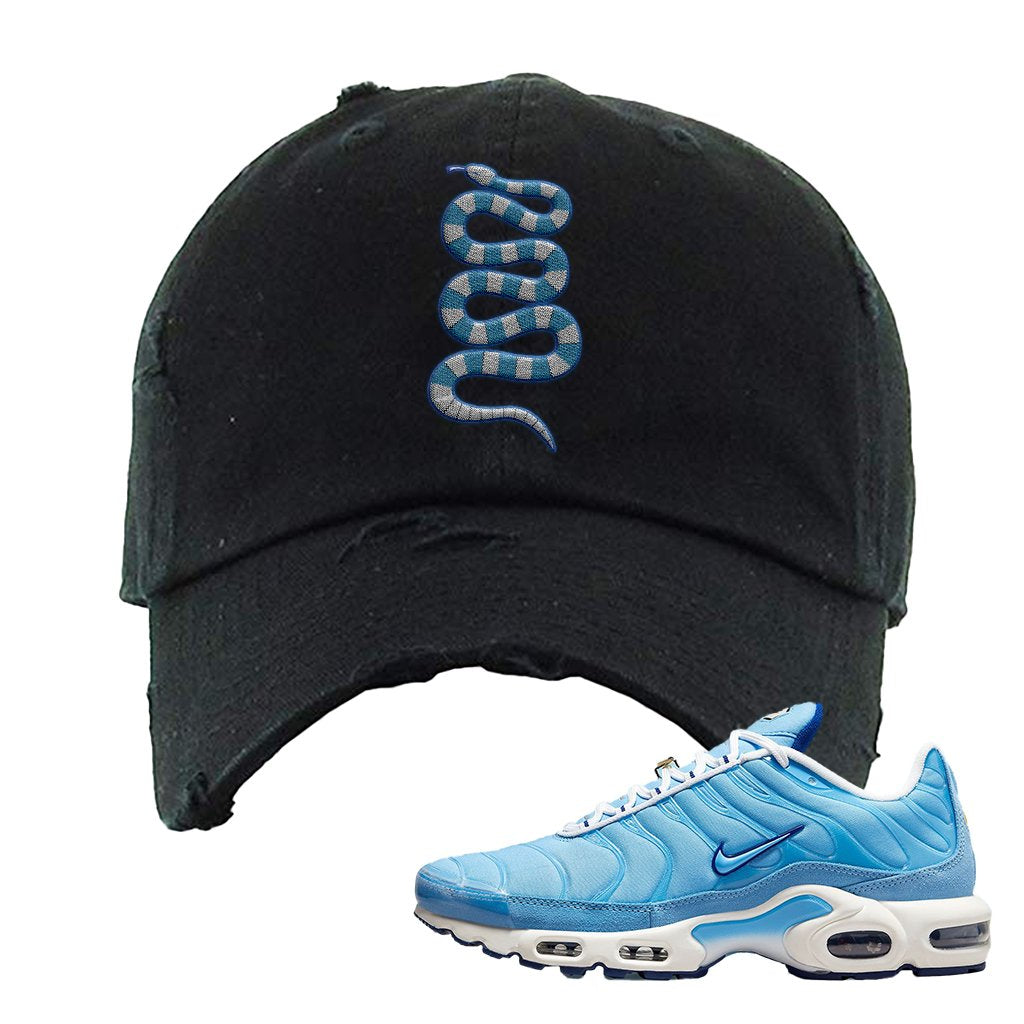 Air Max 1 First Use University Blue Distressed Dad Hat | Coiled Snake, Black