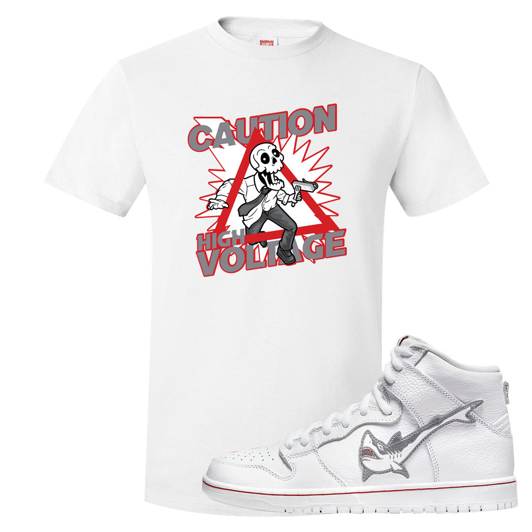 Shark High Dunks T Shirt | Caution High Voltage, White
