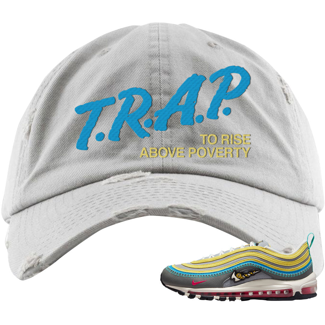 Sprung Yellow 97s Distressed Dad Hat | Trap To Rise Above Poverty, Light Gray