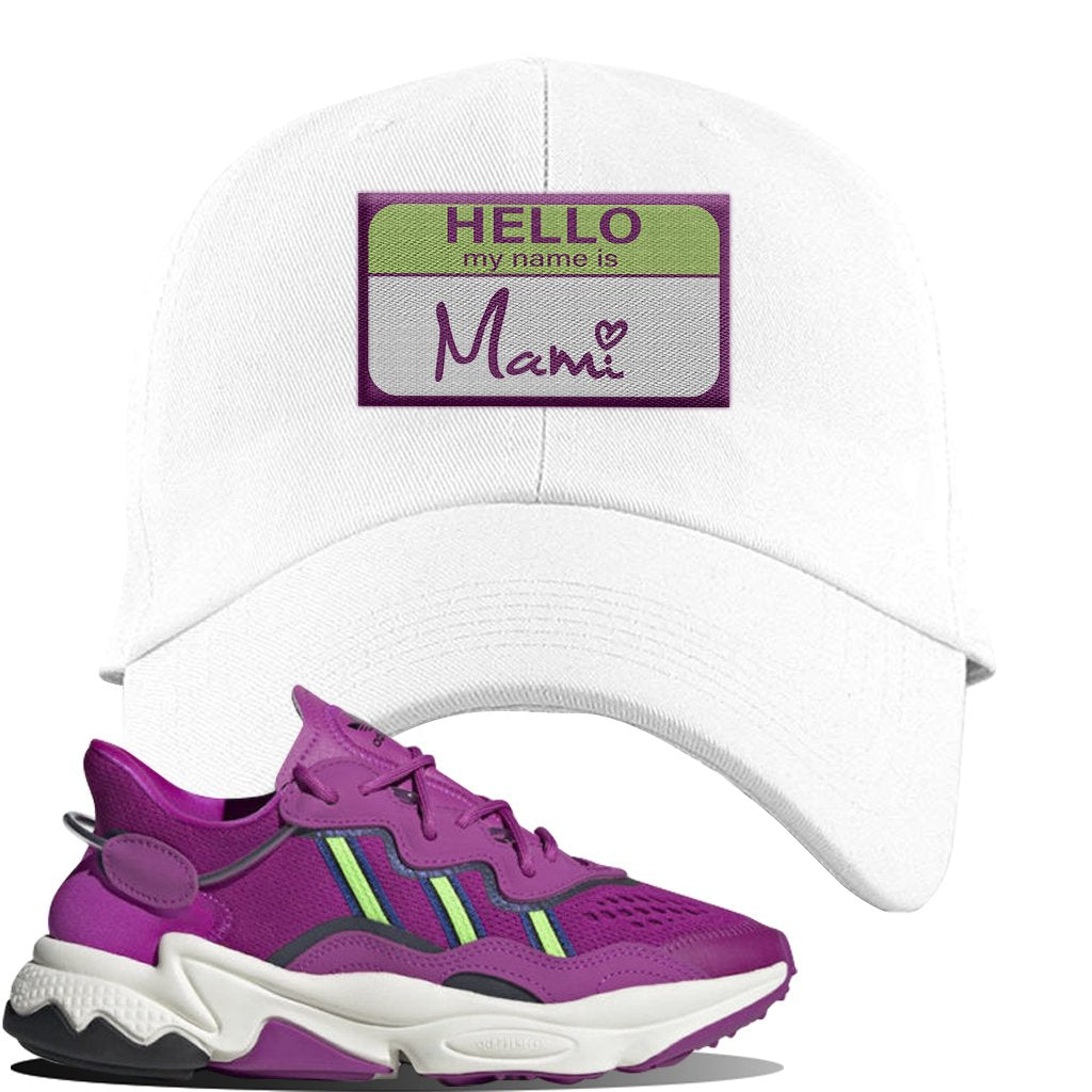 Ozweego Vivid Pink Sneaker White Dad Hat | Hat to match Adidas Ozweego Vivid Pink Shoes | Hello my Name is Mami