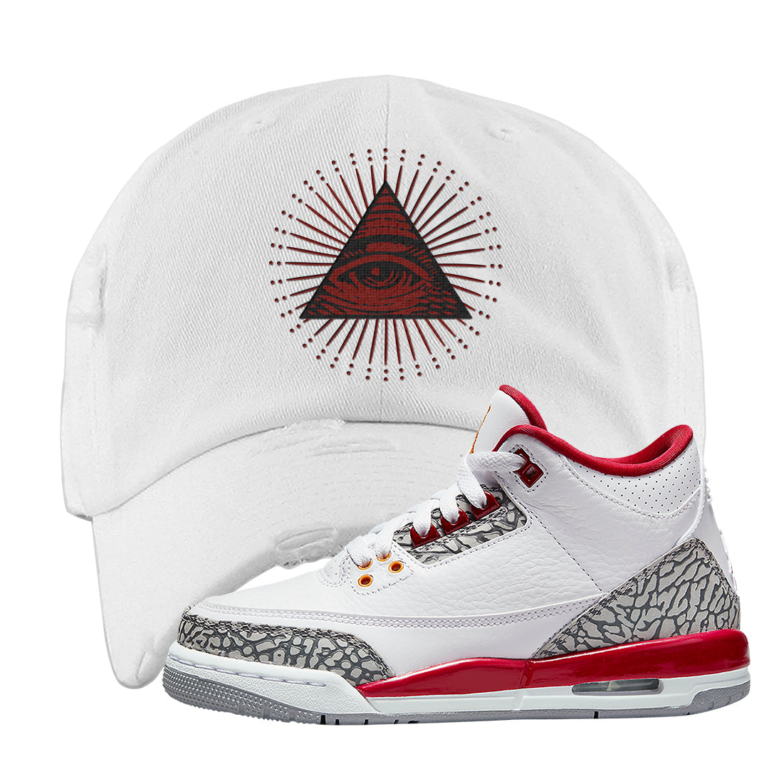 Cardinal Red 3s Distressed Dad Hat | All Seeing Eye, White