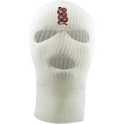 Embroidered on the forehead of the white coiled snake ski mask is the snake logo in red, white, and black