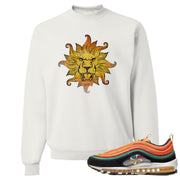 Printed on the front of the Air Max 97 Sunburst white sneaker matching crewneck sweatshirt is the vintage lion head logo