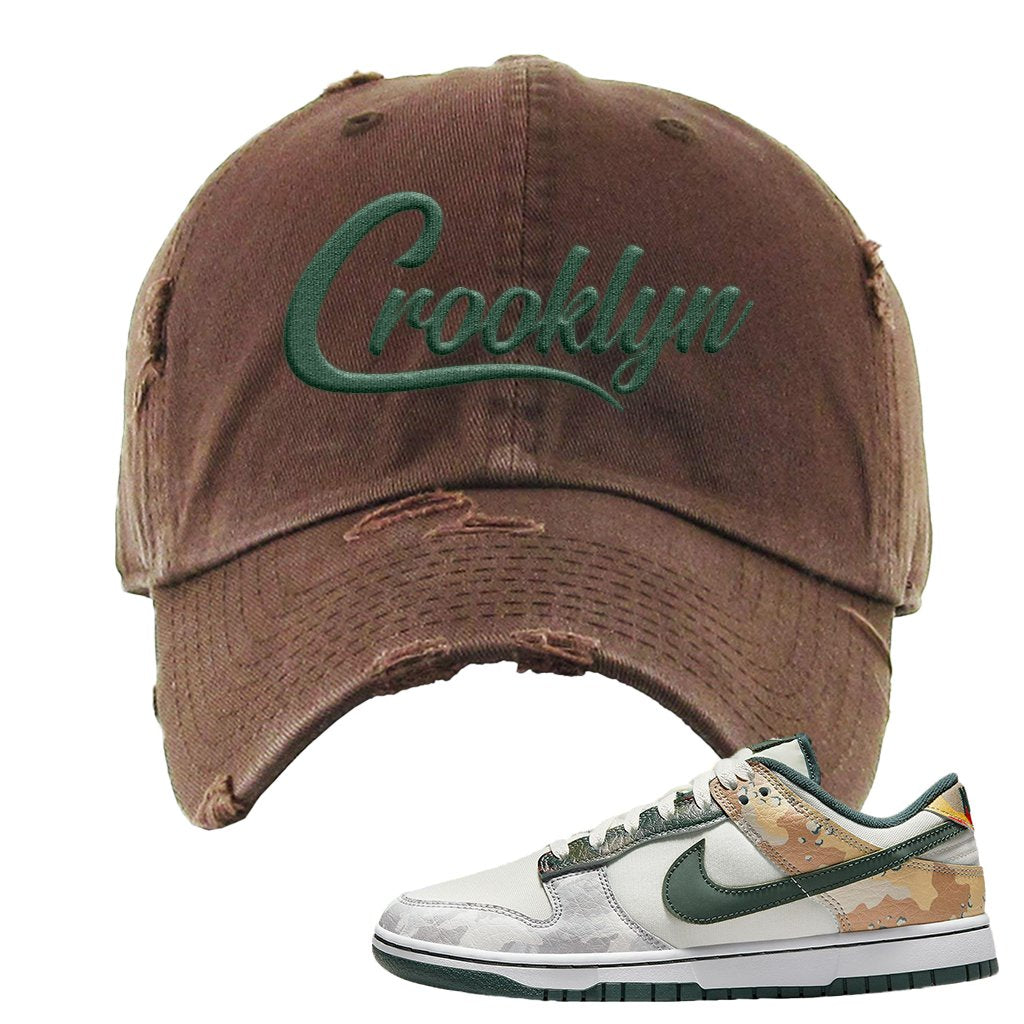 Camo Low Dunks Distressed Dad Hat | Crooklyn, Brown