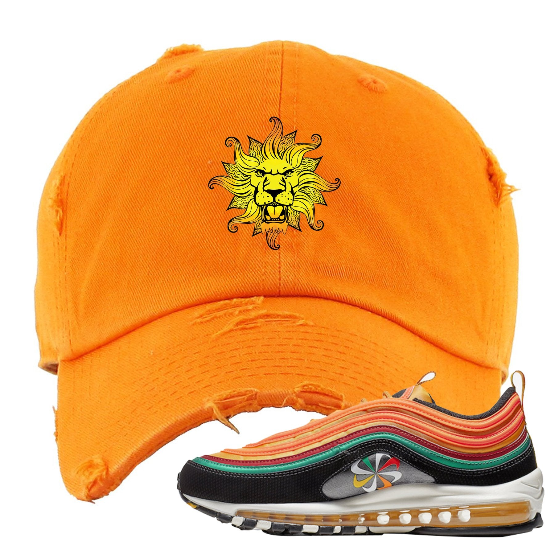 Embroidered on the front of the Air Max 97 Sunburst orange distressed sneaker matching dad hat is the vintage lion head logo