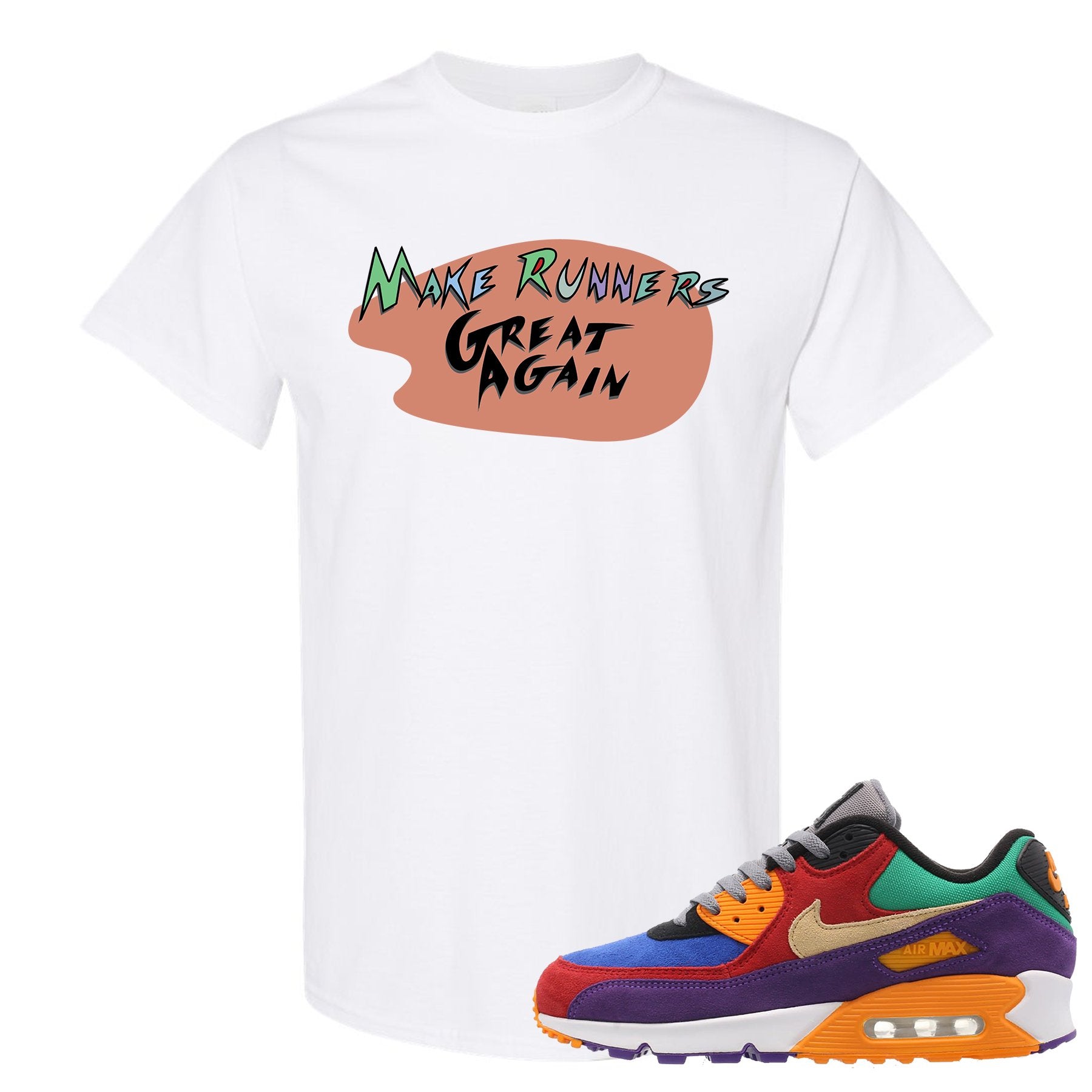 Printed on the front of the Make Runners Great Again Air Max 97 Viotech white sneaker matching tee shirt is the Make Runners Great AGain logo