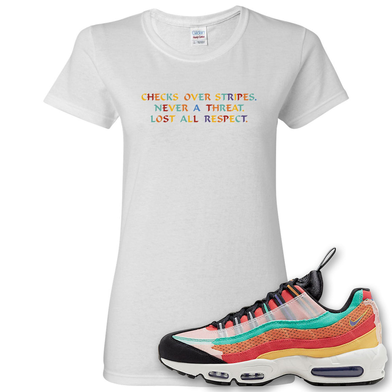 Air Max 95 Black History Month Sneaker White Women's T Shirt | Women's Tees to match Nike Air Max 95 Black History Month Shoes | Checks Over Stripes