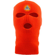 Embroidered on the forehead of the safety orange pyramid ski mask is the all seeing eye logo embroidered in white, black, and gold