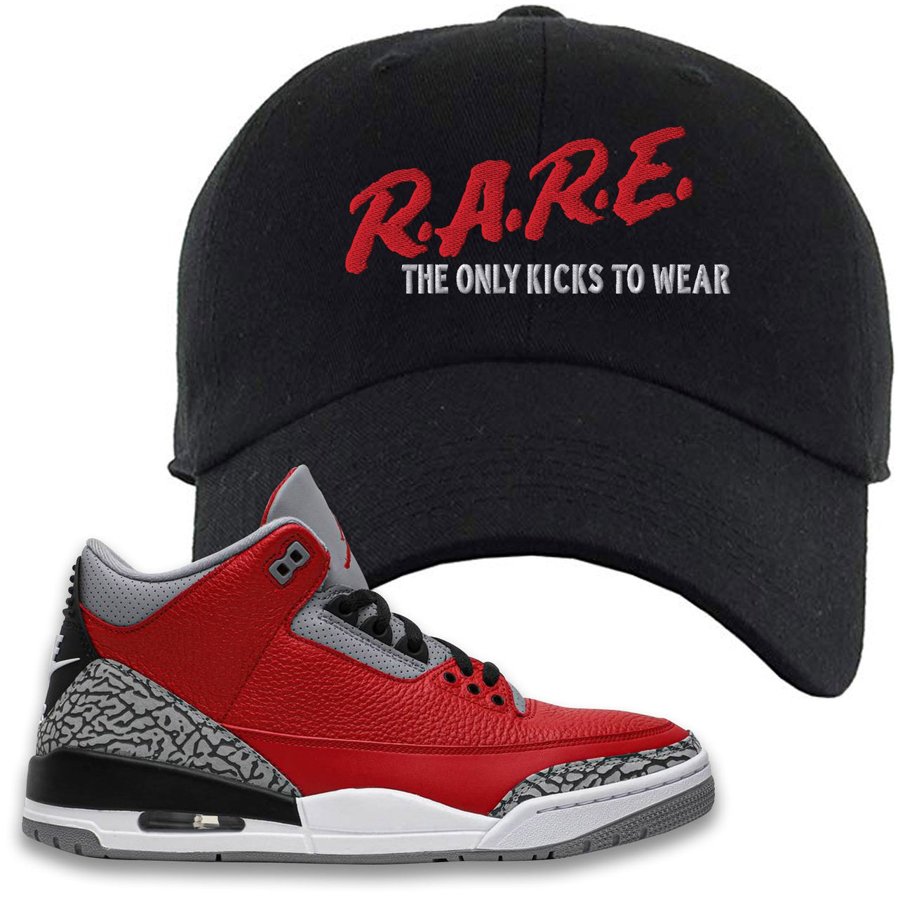 Chicago Exclusive Jordan 3 Red Cement Sneaker Black Dad Hat | Hat to match Jordan 3 All Star Red Cement Shoes | Rare