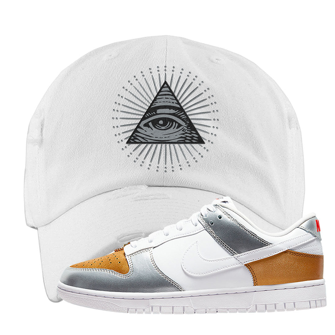 Gold Silver Red Low Dunks Distressed Dad Hat | All Seeing Eye, White