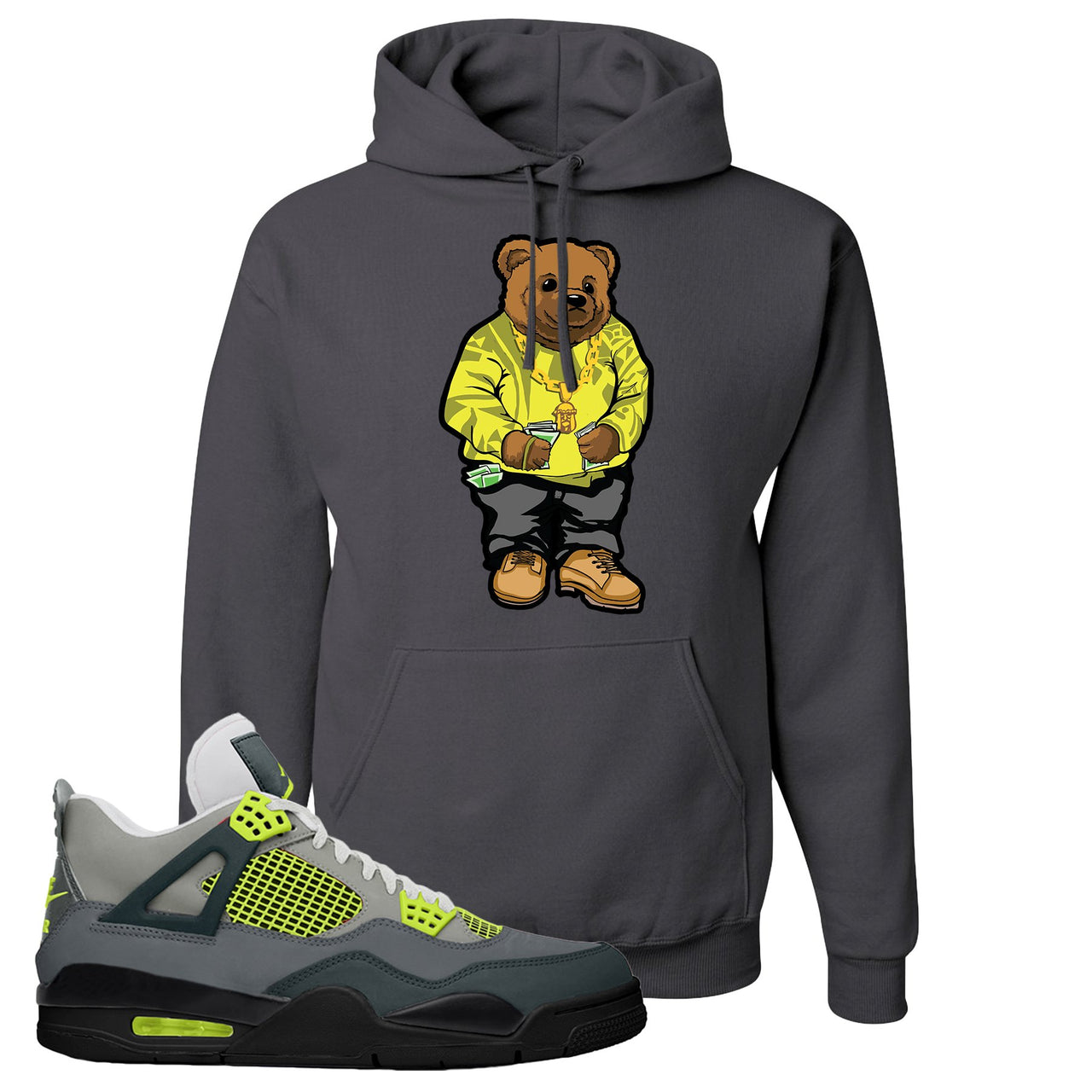 Jordan 4 Neon Sneaker Charcoal Gray Pullover Hoodie | Hoodie to match Nike Air Jordan 4 Neon Shoes | Sweater Bear