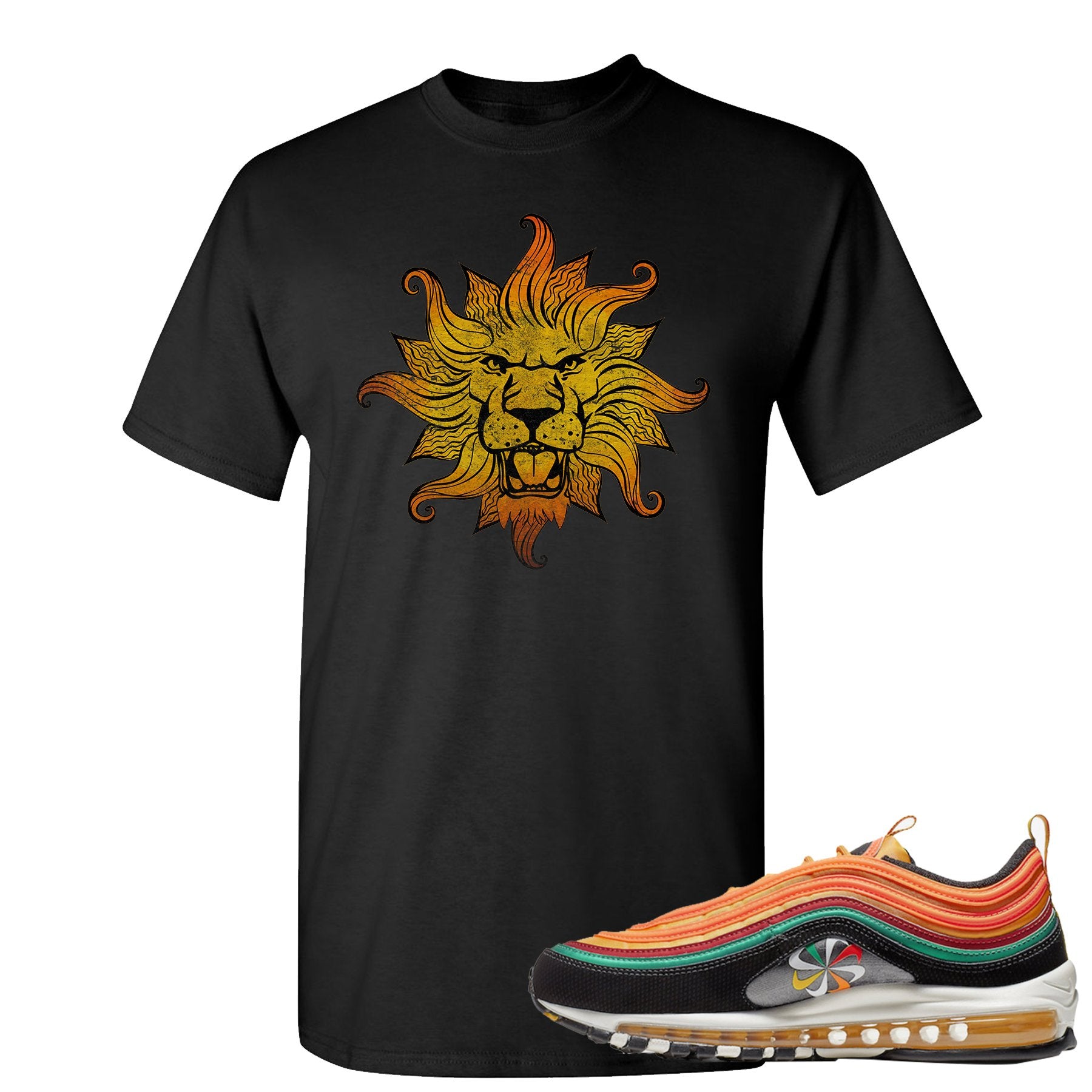 Printed on the front of the Air Max 97 Sunburst black sneaker matching tee shirt is the Vintage Lion Head logo