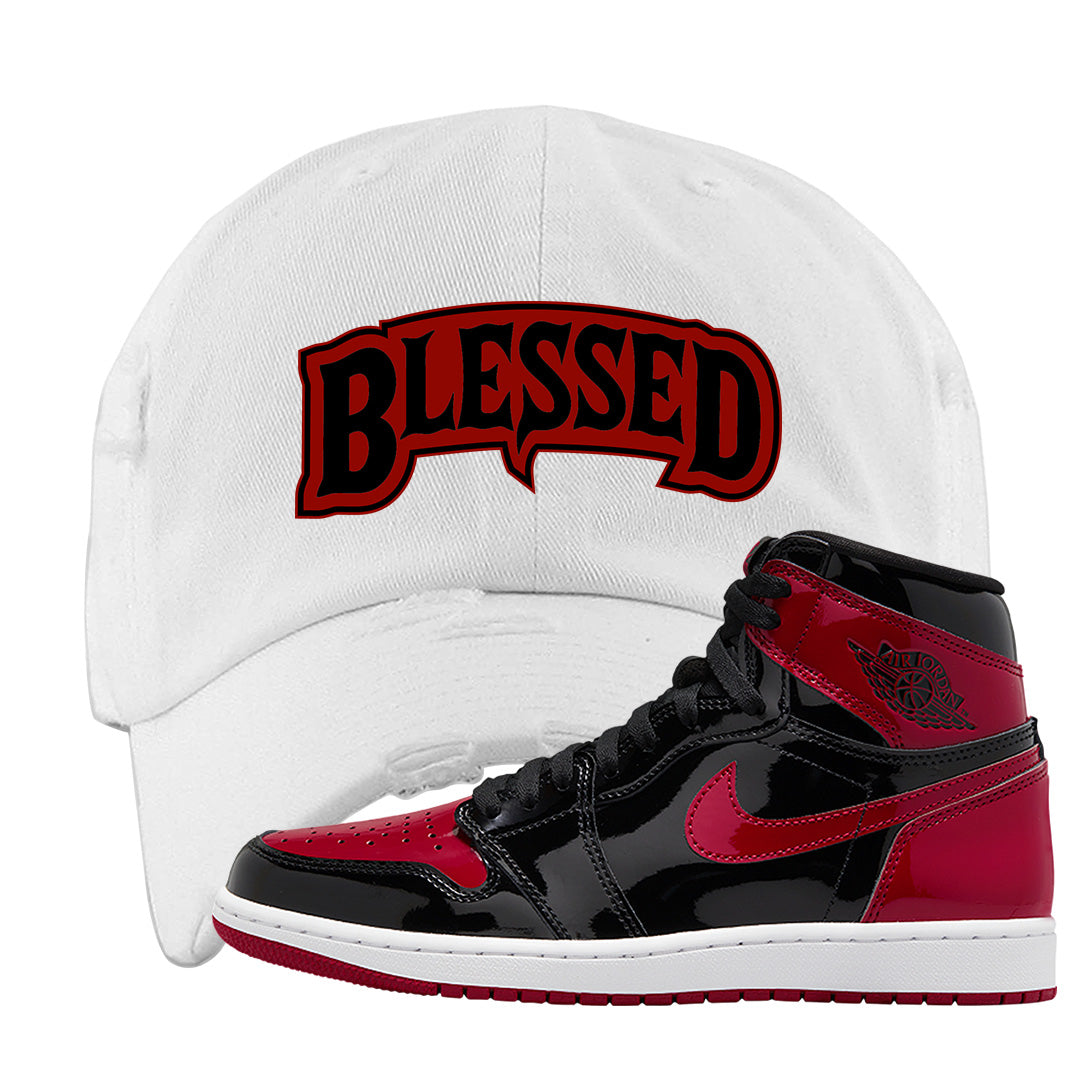 Patent Bred 1s Distressed Dad Hat | Blessed Arch, White